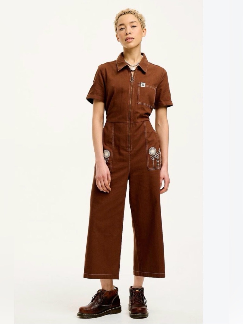 Lucy & Yak Brown Women's Ragan Jumpsuit with Floral Embroidery